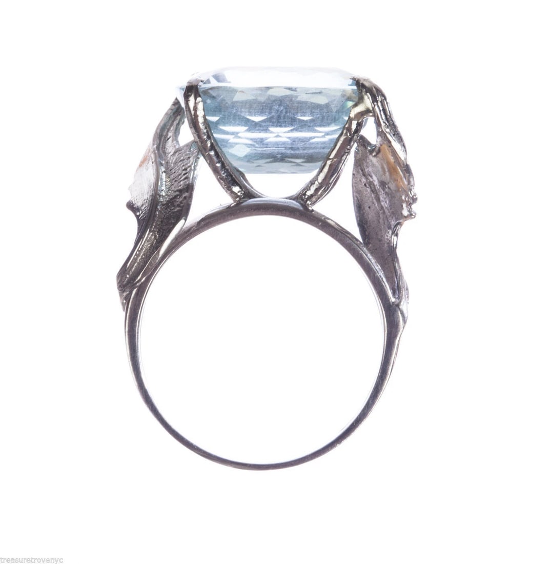 Art Deco 14 kt White Gold Cushion Cut Aquamarine Cocktail Ring - 4