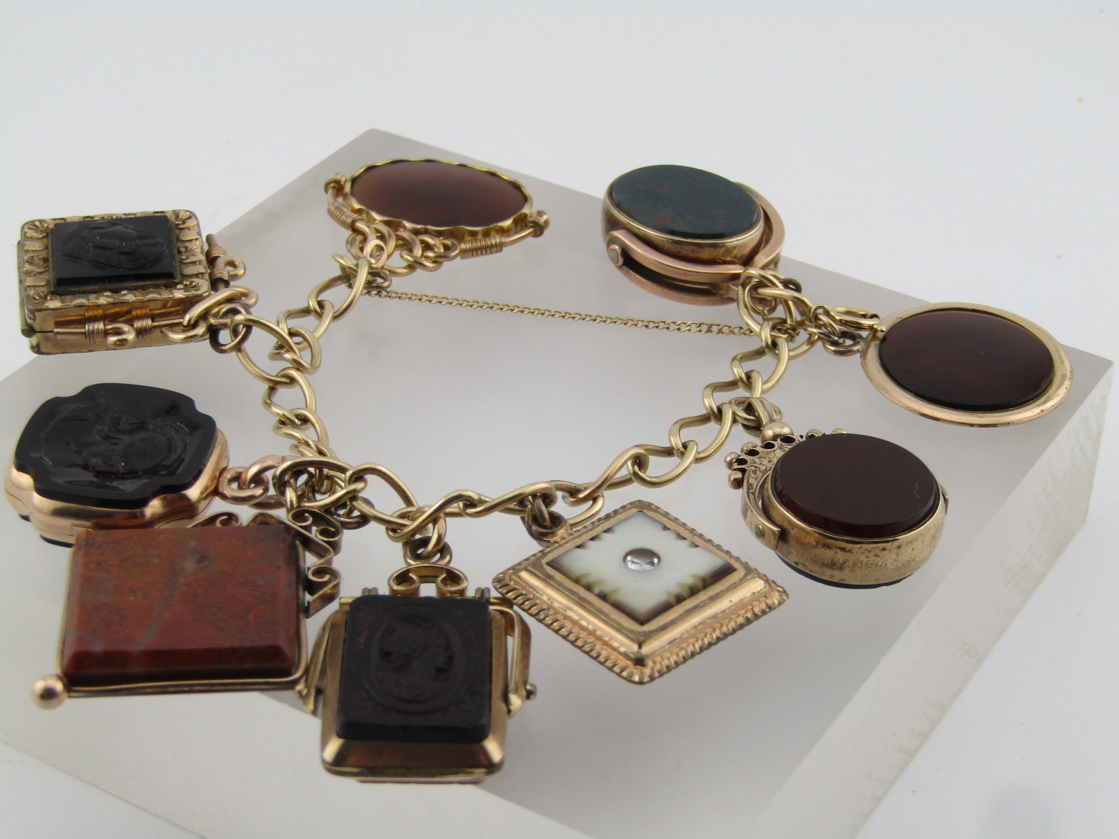 Vintage Victorian Watch Fob Charm Bracelet, 14kt Bracelet - 2