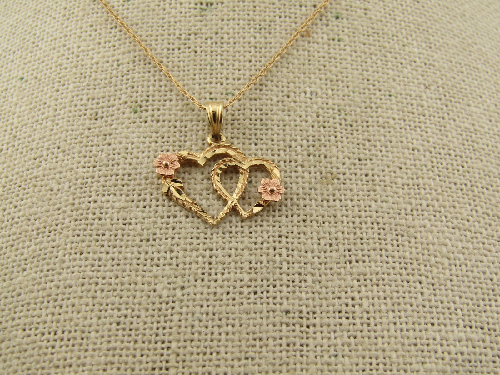 Vintage 14kt Double Heart and Floral Necklace, 18" Signed. 1980's-1990's - 2