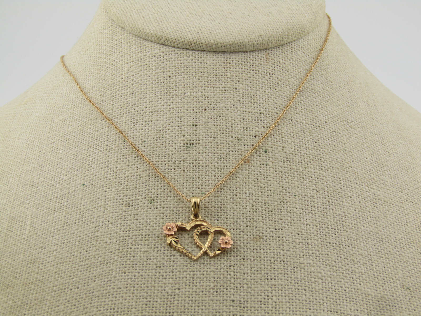 Vintage 14kt Double Heart and Floral Necklace, 18" Signed. 1980's-1990's - 3