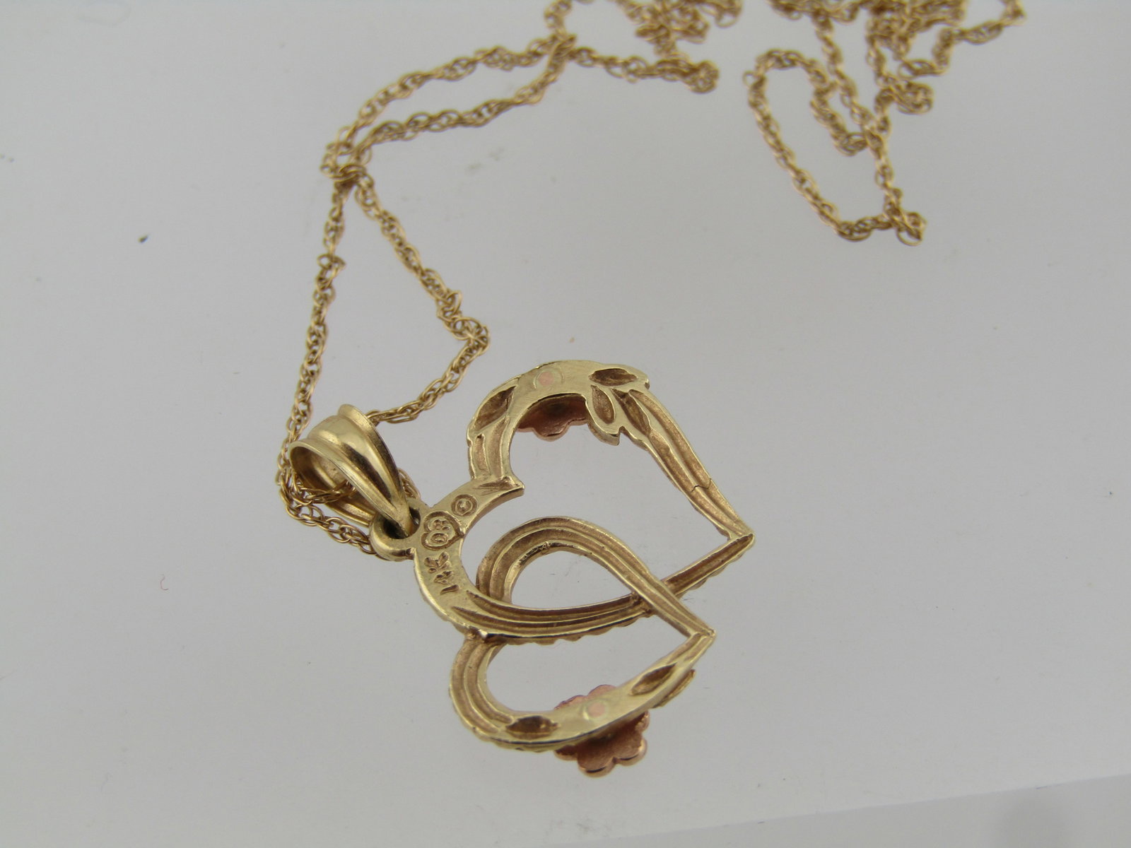 Vintage 14kt Double Heart and Floral Necklace, 18" Signed. 1980's-1990's - 7