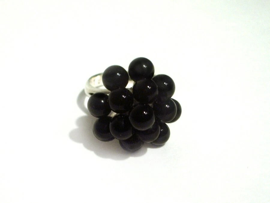 3 Tier Grape Cluster Cocktail Ring Sterling Silver with Black Onyx Beads - 2