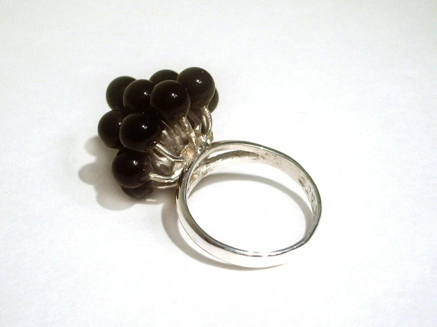3 Tier Grape Cluster Cocktail Ring Sterling Silver with Black Onyx Beads - 3
