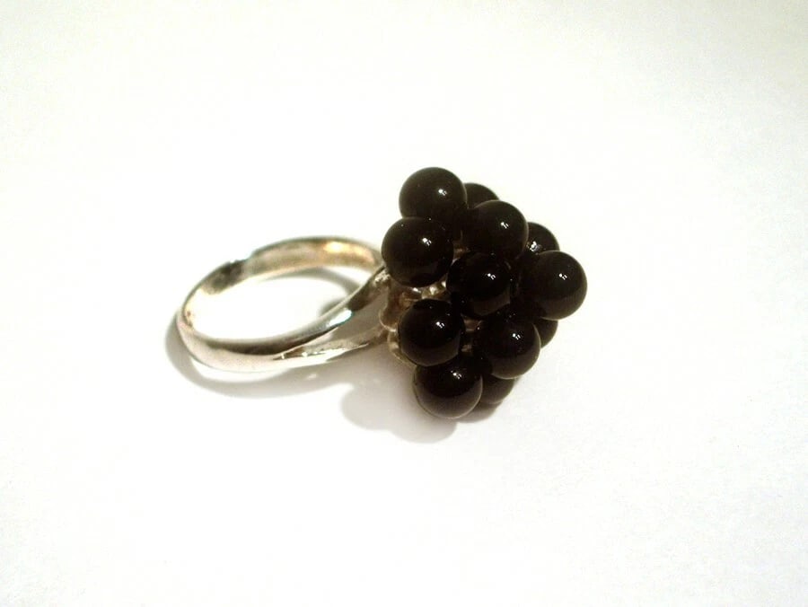 3 Tier Grape Cluster Cocktail Ring Sterling Silver with Black Onyx Beads - 4
