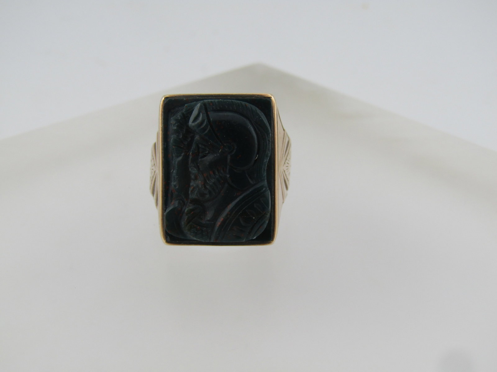 Vintage 10kt Carved Bloodstone Soldier Men's Ring, Sz. 10, 1940's-1950's. It is set on a slightly - 4
