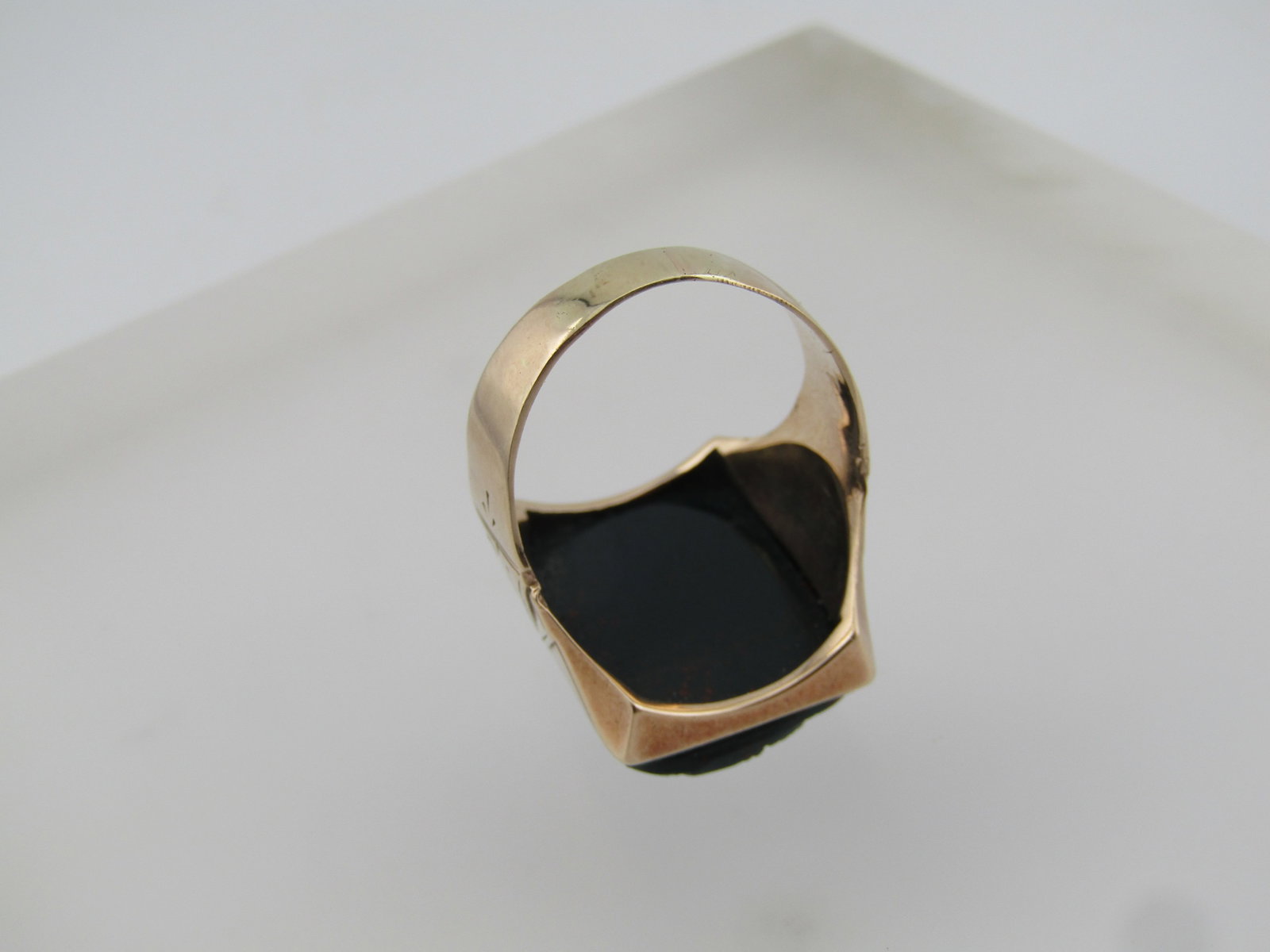 Vintage 10kt Carved Bloodstone Soldier Men's Ring, Sz. 10, 1940's-1950's. It is set on a slightly - 5