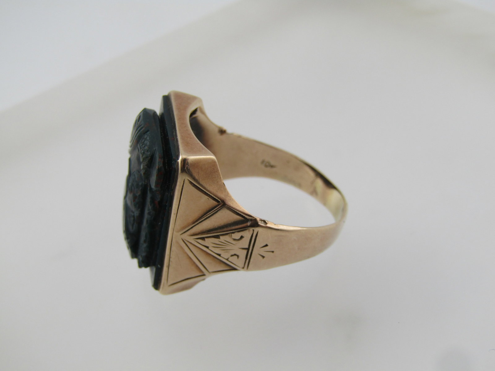 Vintage 10kt Carved Bloodstone Soldier Men's Ring, Sz. 10, 1940's-1950's. It is set on a slightly - 6