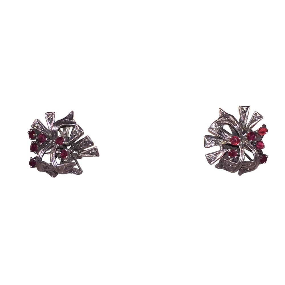 Art Deco Mexican Palladium Sterling Ruby and Diamond Earrings and Ring Set - 4