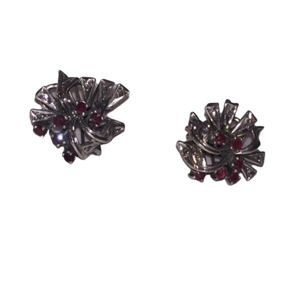 Art Deco Mexican Palladium Sterling Ruby and Diamond Earrings and Ring Set - 5