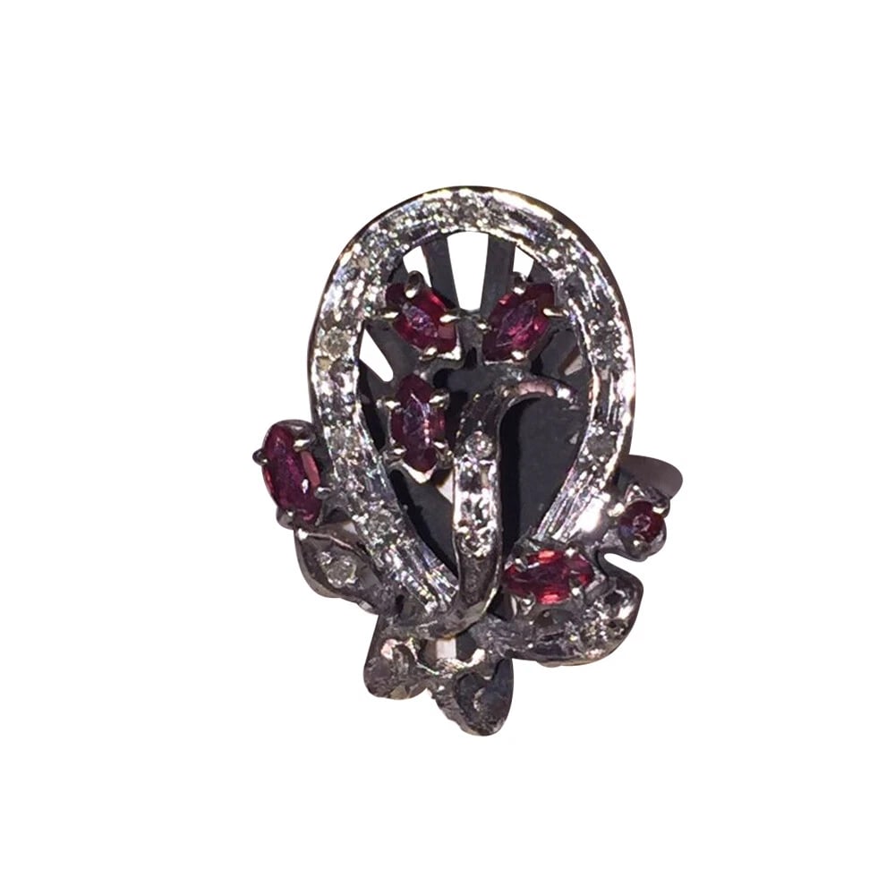 Art Deco Mexican Palladium Sterling Ruby and Diamond Earrings and Ring Set - 8