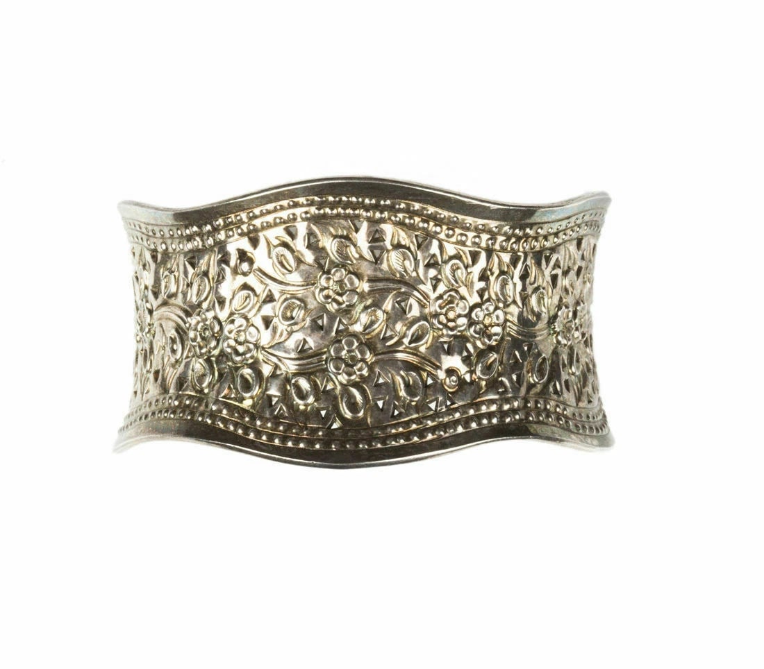Sterling Silver Repousse Floral Motif Cuff Bracelet - 2