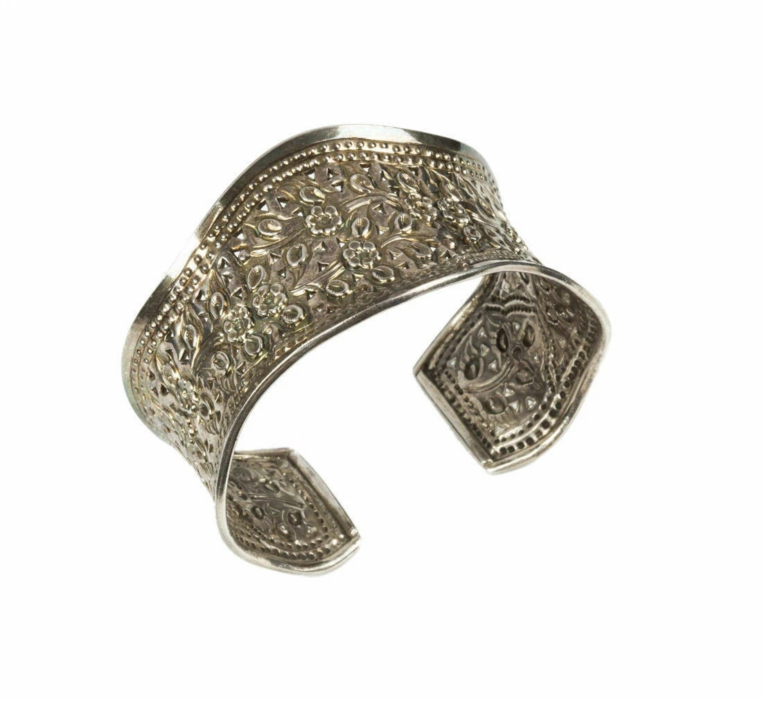 Sterling Silver Repousse Floral Motif Cuff Bracelet - 3