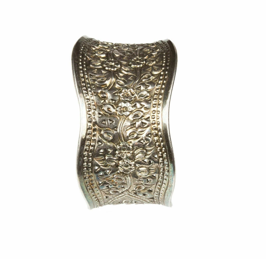 Sterling Silver Repousse Floral Motif Cuff Bracelet - 4