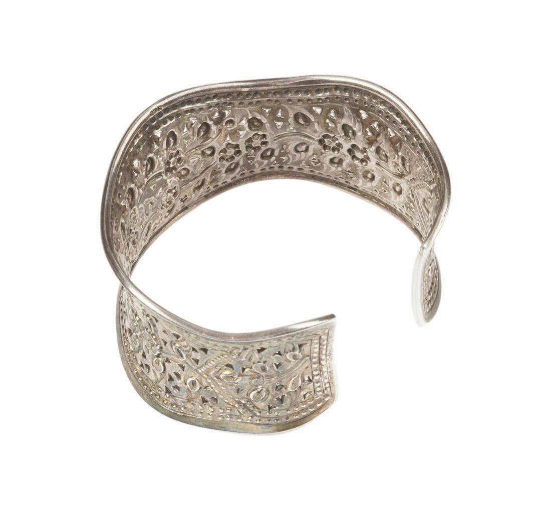 Sterling Silver Repousse Floral Motif Cuff Bracelet - 5