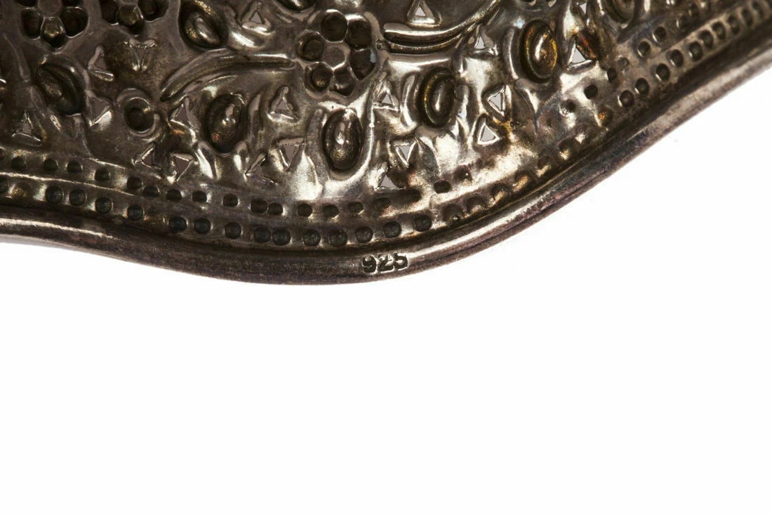 Sterling Silver Repousse Floral Motif Cuff Bracelet - 6