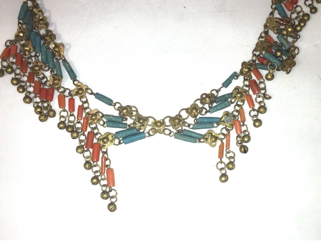 Egyptian Revival Asymmetrical Red Coral Brass Faience Necklace - 3