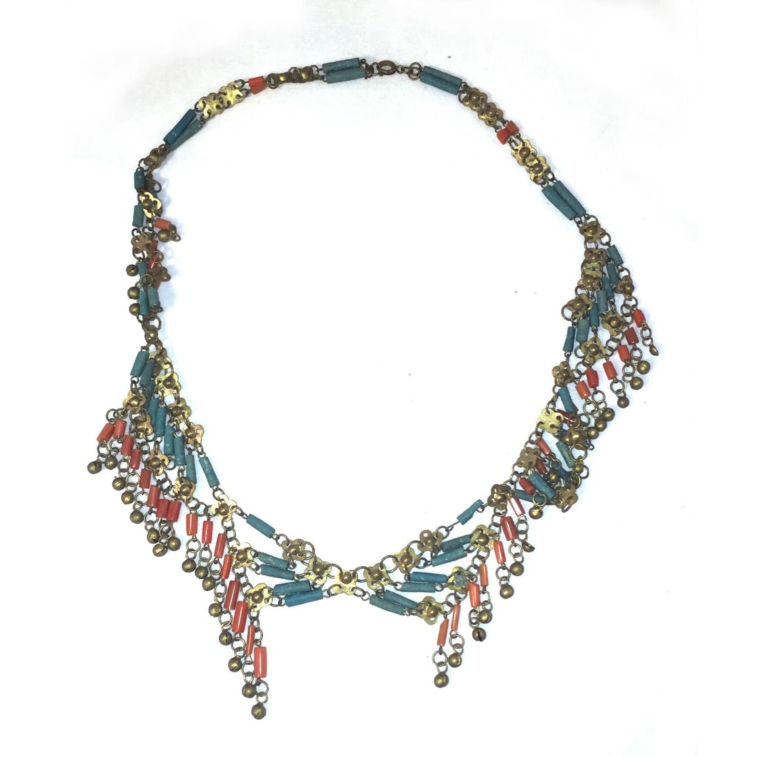 Egyptian Revival Asymmetrical Red Coral Brass Faience Necklace - 4