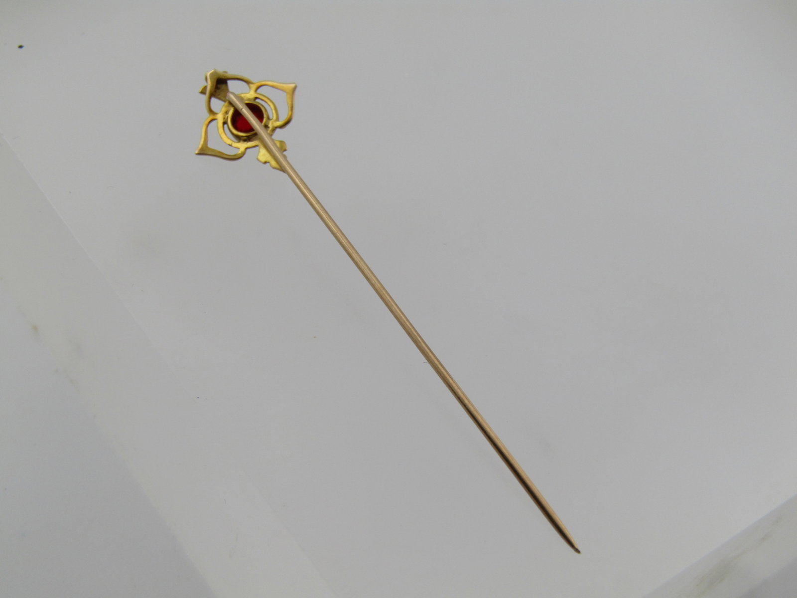 Vintage 10kt Red Stone and Seed Pearl Stick Pin, 1940's-1950's - 2