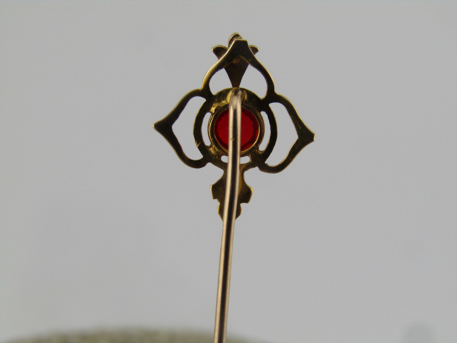 Vintage 10kt Red Stone and Seed Pearl Stick Pin, 1940's-1950's - 4