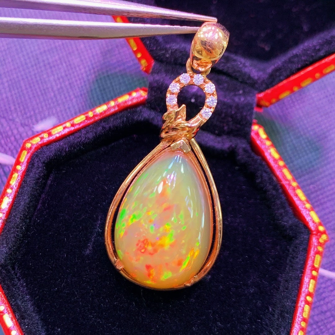 14K GOLD 11.5 CT NATURAL OPAL and DIAMOND PENDANT - 4