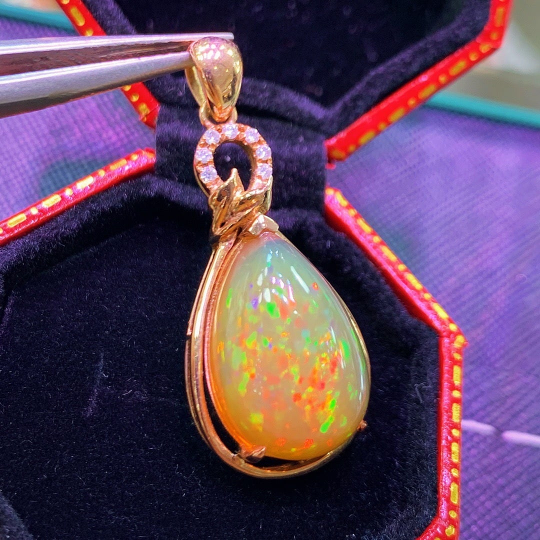 14K GOLD 11.5 CT NATURAL OPAL and DIAMOND PENDANT - 6