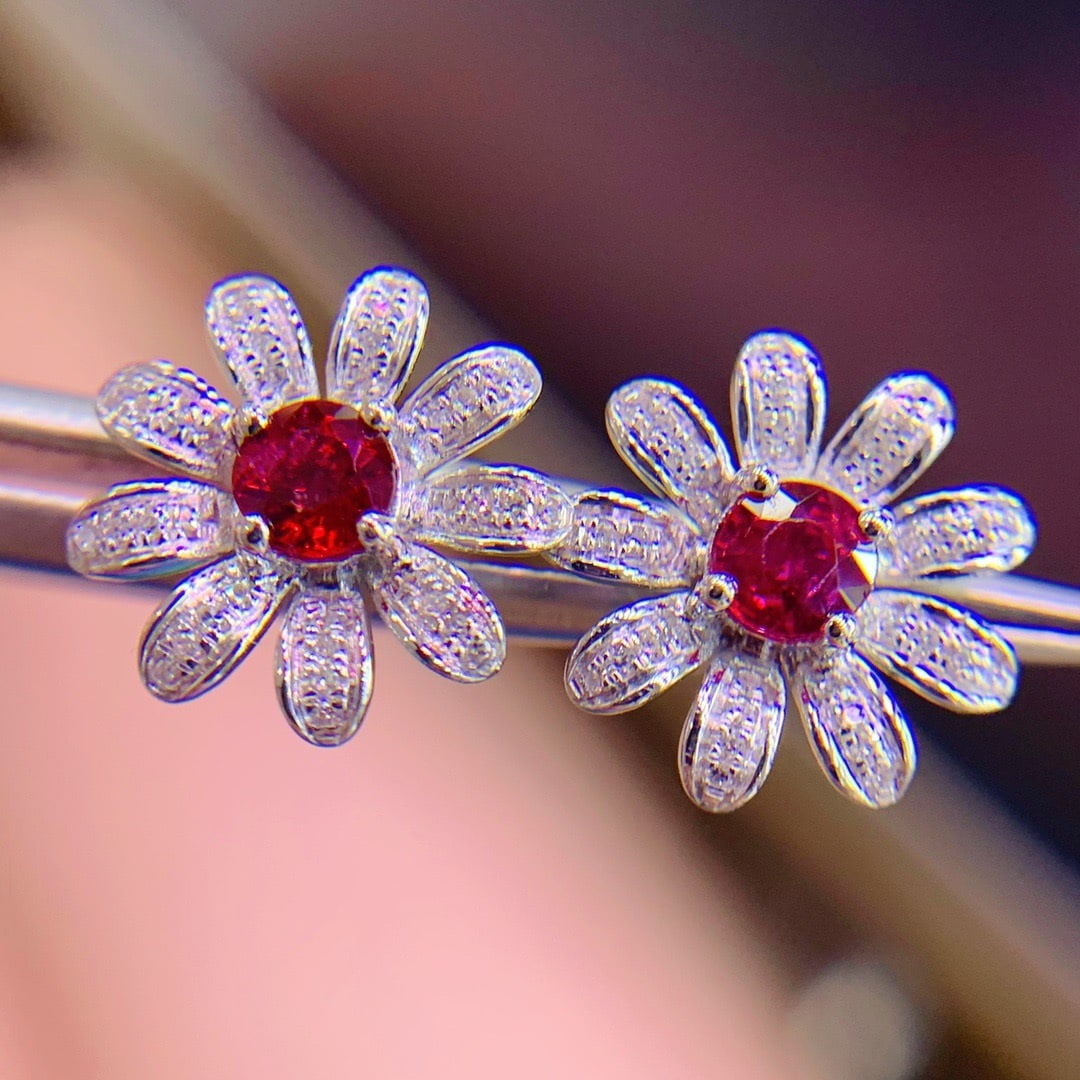 14K GOLD 0.95 CT VIVID RED NATURAL RUBY and DIAMOND EARRINGS - 2