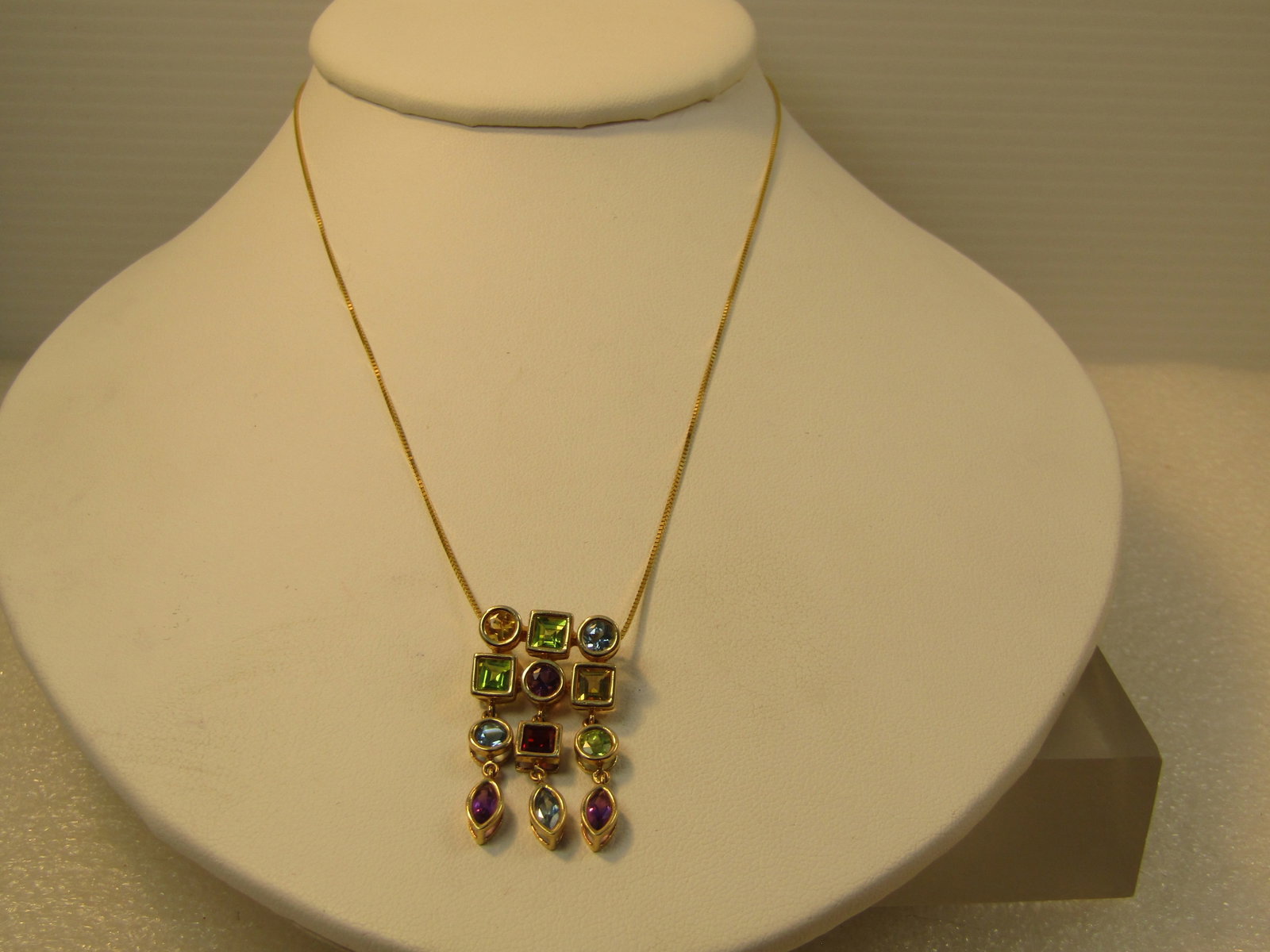 Vintage 14kt Mixed Gem Dangle Pendant Necklace, 16", 1980's-1990's (1 of 7)