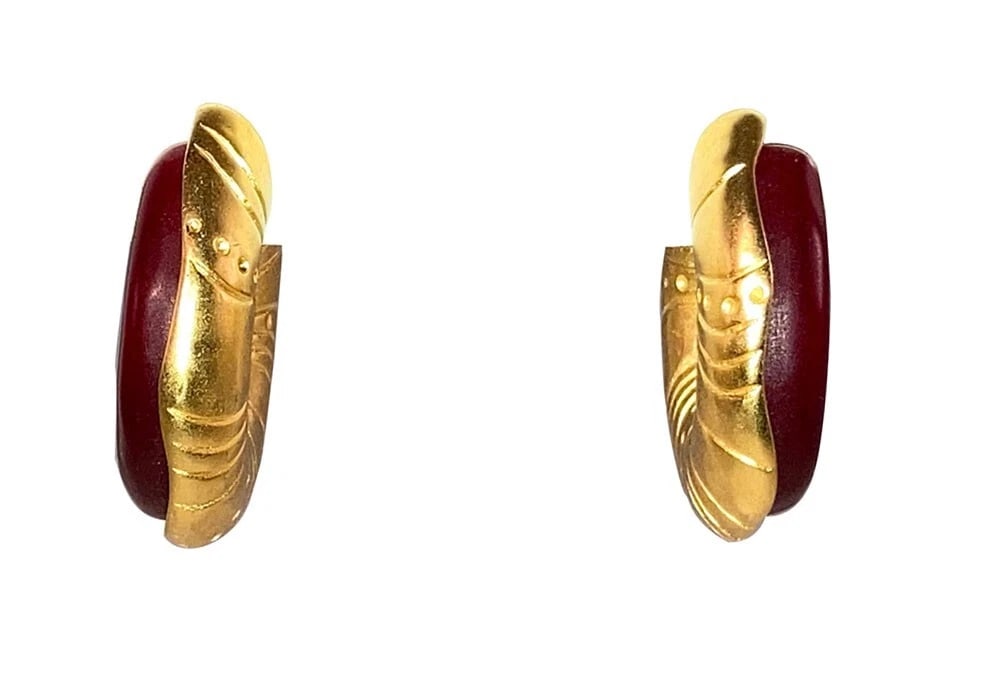 Kart Lagerfled Red Resin Gold Ton Hoop Earrings - 2