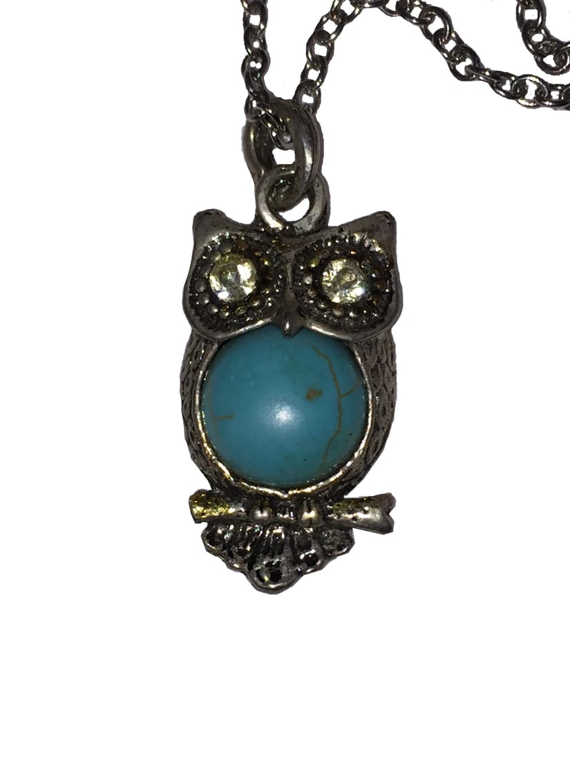 Fun Silver Tone Turquoise and Rhinestone Owl Charm Necklace - 3