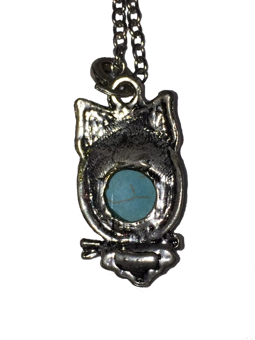 Fun Silver Tone Turquoise and Rhinestone Owl Charm Necklace - 4