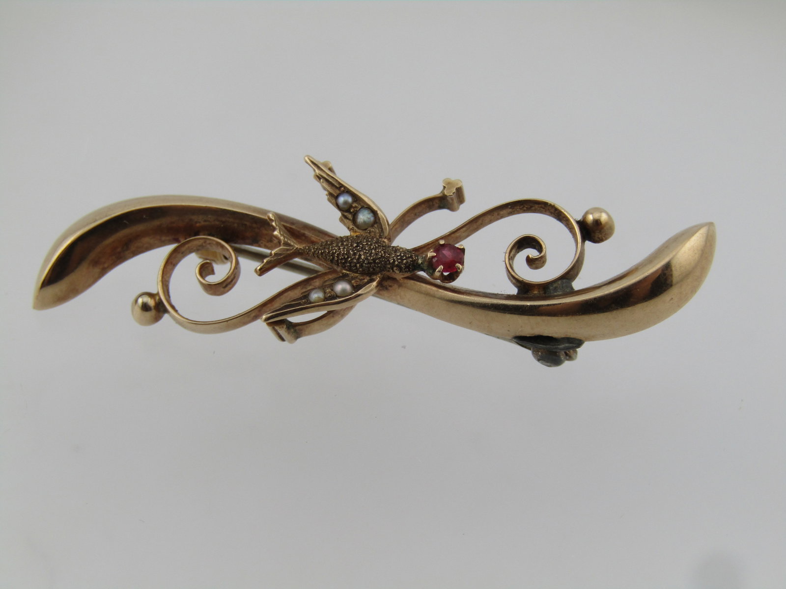 Vintage 10kt Bird Curved Brooch, Garnet, Seed Pearl, 1920's-1930's - 2