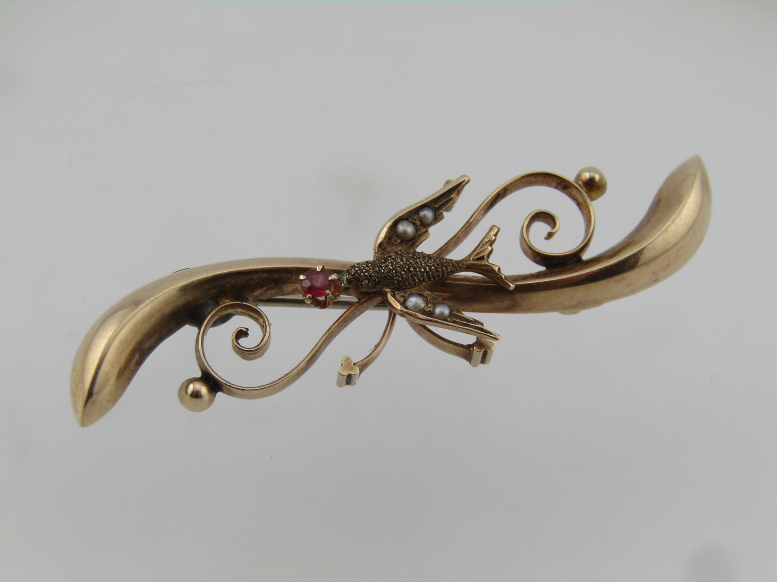 Vintage 10kt Bird Curved Brooch, Garnet, Seed Pearl, 1920's-1930's - 3
