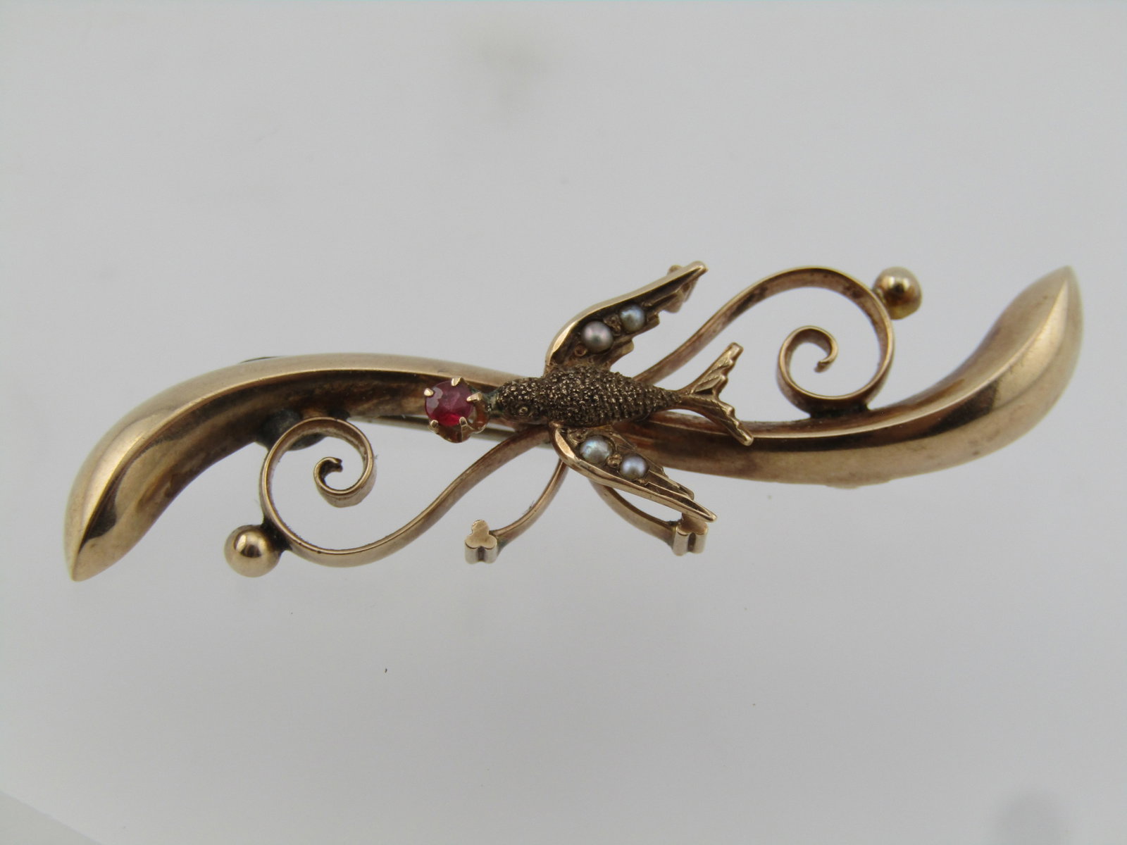 Vintage 10kt Bird Curved Brooch, Garnet, Seed Pearl, 1920's-1930's - 5