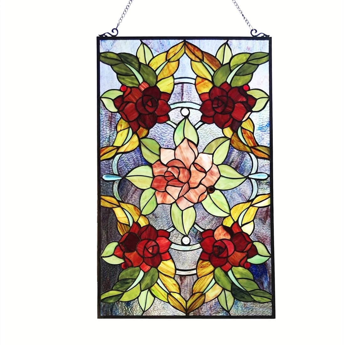 32" Rose Bush Stained Glass Window Hanging Panel Suncatcher: 20" Wide x 32" High Such a wonderful reproduction stained glass window panel. The technique used to make this window is the same used by Louis Tiffany in the early 1900s. Each piece of glass is