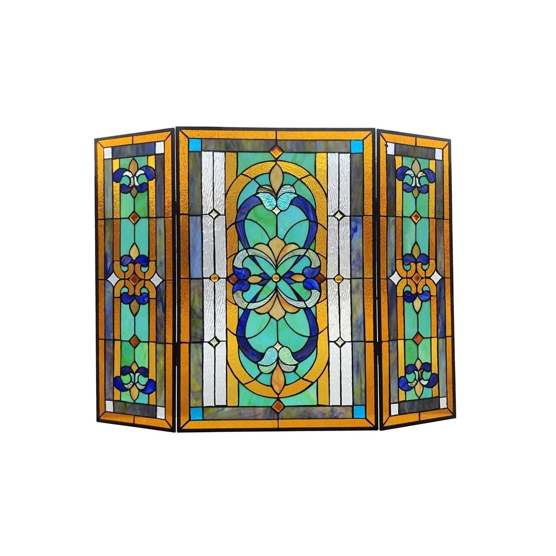 40" Folding Stained Glass Fireplace Screen: 40" Wide x 31" Tall A stunning reproduction stained glass fireplace panel meticulously handcrafted from pieces of hand cut stained art glass. Each individual piece of stained glass is lined with fine 