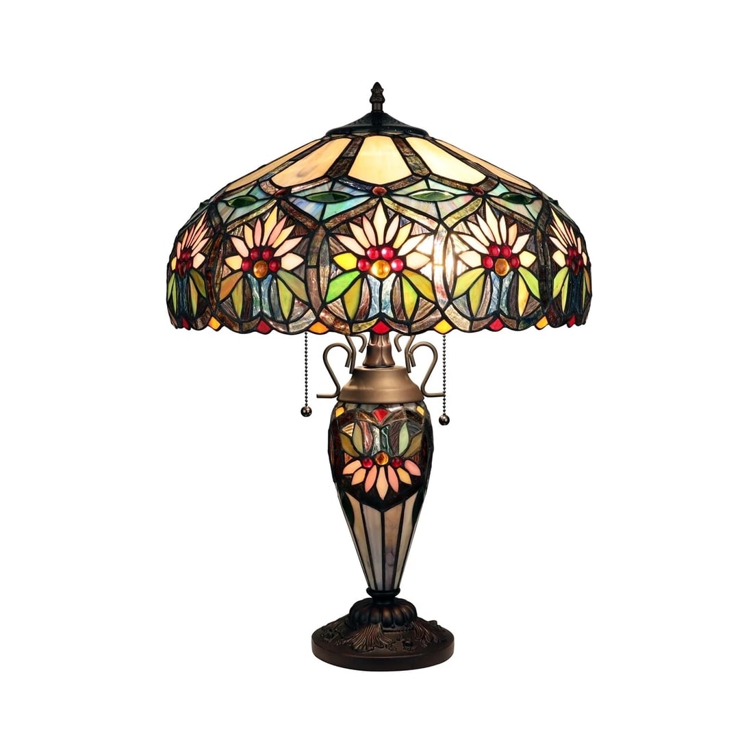 24" Stained Glass Lighted Base Table Lamp: 24" Tall x 17.7" Wide Wonderful new reproduction Tiffany-style double lit top and lighted base table lamp, a stunning work of art that combines traditional craftsmanship with modern functionality. Thi