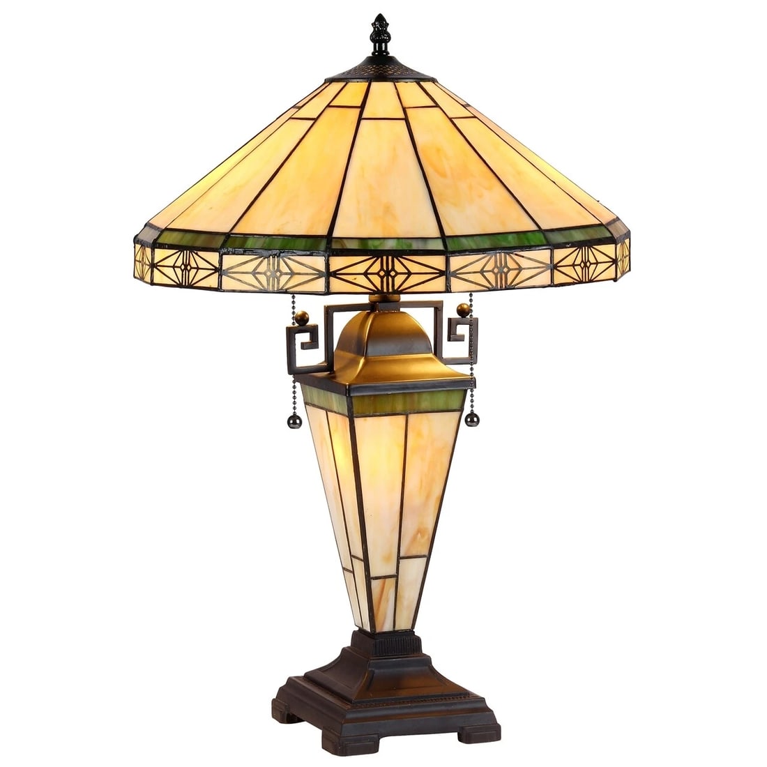 23.4" 3 light Stained Glass Lighted Base Mission Table Lamp: 23.4" High 15.9" Wide Shade (2) 60 Watt E26 Type A Bulb + (1) 25 Watt E12 Type C Bulb (not included) Illuminate your space with the timeless beauty of our reproduction Traditional Mission-Style Table 