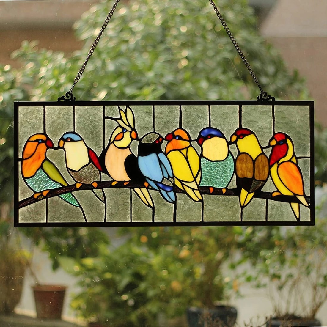 25.5" Stained Glass Window Hanging Panel Suncatcher: 25.5" (w) x 10.5" (H) Such a wonderful reproduction stained glass window panel. The technique used to make this window is the same used by Louis Tiffany in the early 1900s. Each piece of glass is wrap
