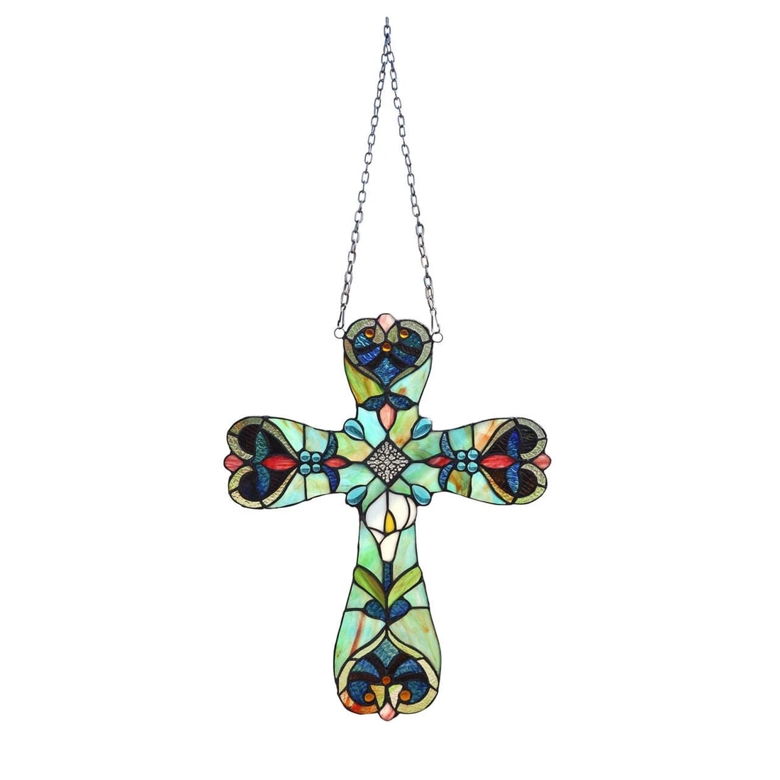 20" Stained Glass Cross Window Hanging Panel Suncatcher: 20" x 15.9" Such a wonderful reproduction stained glass window panel. This panel is a true testament to the beauty and craftsmanship of stained glass art, and it is the perfect addition to any window 