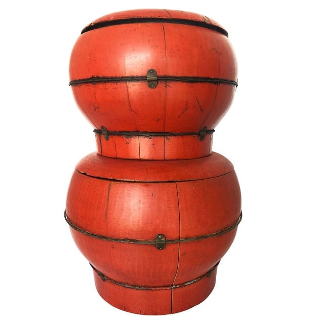 Pair of 1950s Chinese Red Lacquered Wood Rice Bucket Decorative Box With Lid - 2