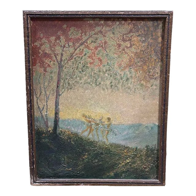 1920s Original Fall Celebration Impression Painting Oil on Board, Framed: Title: 1920s Original Fall Celebration Impression Painting Oil on Board, Framed Description: Impression oil painting on board captures the joyous rhythm of girls dancing in a vibrant fall celebration,