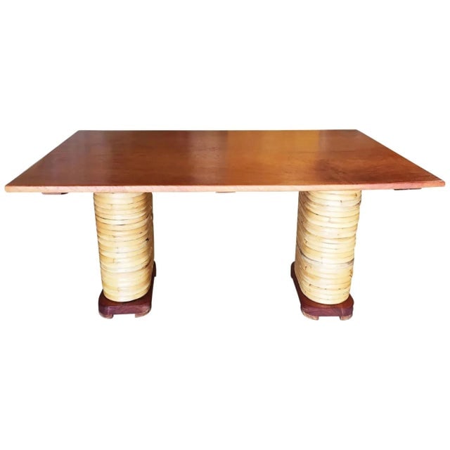 Restored Stacked Rattan Double Mahogany Pedestal Dining Table - 8