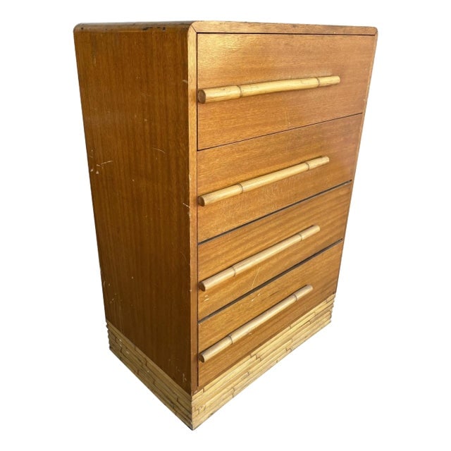 1950s Restored Mid-Century Waterfall Highboy Mahogany Dresser W/ Stacked Rattan Base: Title: 1950s Restored Mid-Century Waterfall Highboy Mahogany Dresser W/ Stacked Rattan Base Description: This beautifully restored Bespoke rattan & mahogany highboy dresser. The dresser blends style a
