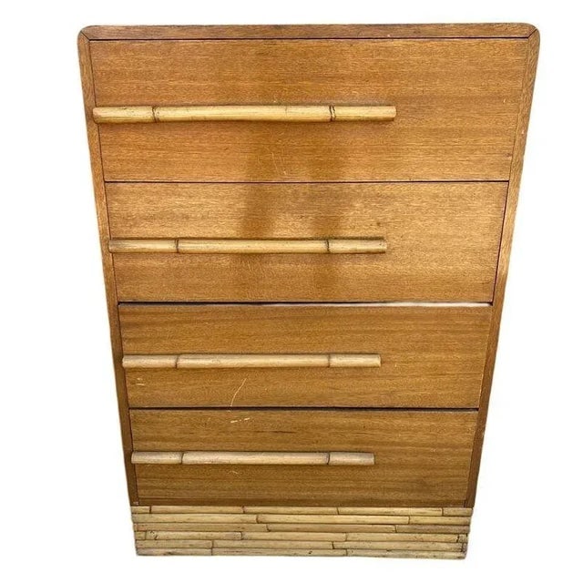 1950s Restored Mid-Century Waterfall Highboy Mahogany Dresser W/ Stacked Rattan Base - 2