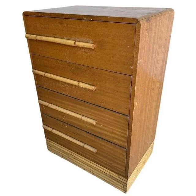 1950s Restored Mid-Century Waterfall Highboy Mahogany Dresser W/ Stacked Rattan Base - 3