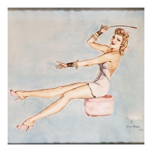Lady on Ottoman Wood Framed Pinup Painting by Wilma Raffaelli, 1948.: Title: "Lady on Ottoman" Wood Framed Pinup Painting by Wilma Raffaelli, 1948. Description: Original watercolor artwork on paper, featuring a young dressed-up woman on an ottoman with a riding crop in 