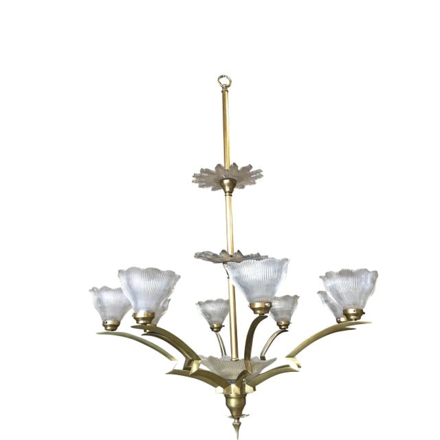 Bronze Modernist Lighting Bolt Chandelier with Holophane Glass Fixtures - 10