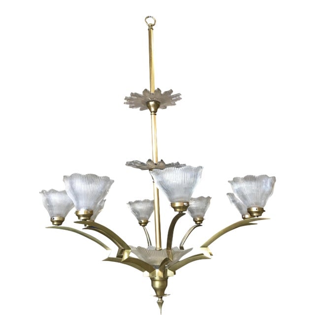 Bronze Modernist Lighting Bolt Chandelier with Holophane Glass Fixtures: Title: Bronze Modernist Lighting Bolt Chandelier with Holophane Glass Fixtures Description: Vintage 1970s bronze modernist Lighting Bolt Chandelier w/ ripped Holophane glass fixtures and shades. The c