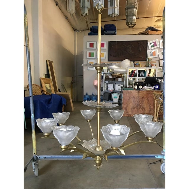 Bronze Modernist Lighting Bolt Chandelier with Holophane Glass Fixtures - 2