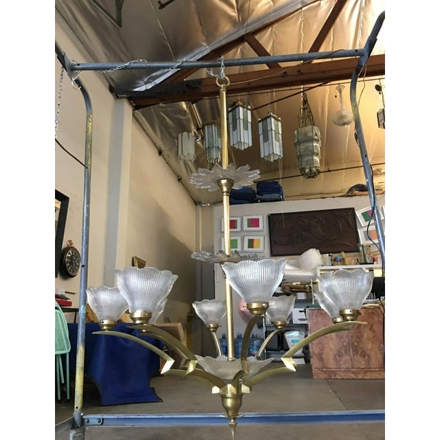 Bronze Modernist Lighting Bolt Chandelier with Holophane Glass Fixtures - 3
